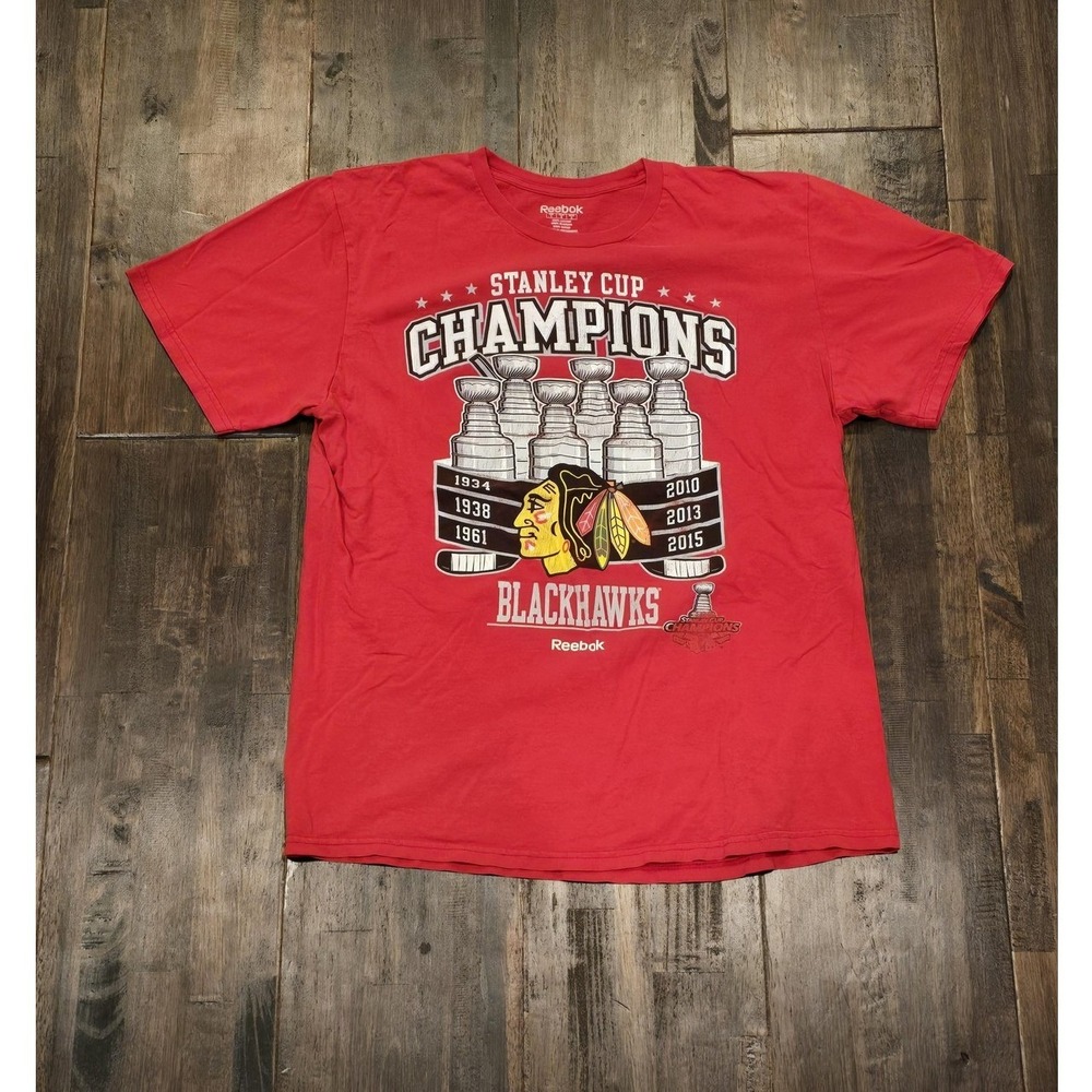 Reebok Chicago Blackhawks Stanley Cup Champions T-Shirt‎ Mens L Red NHL Hockey